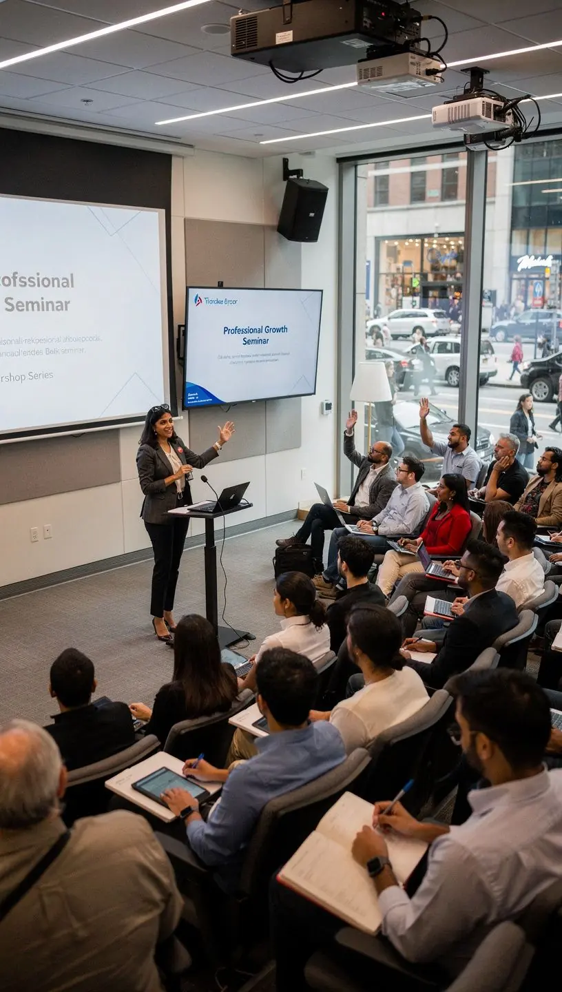 Stylowa sala spotkań z dużymi oknami i minimalistycznymi elementami dekoracyjnymi