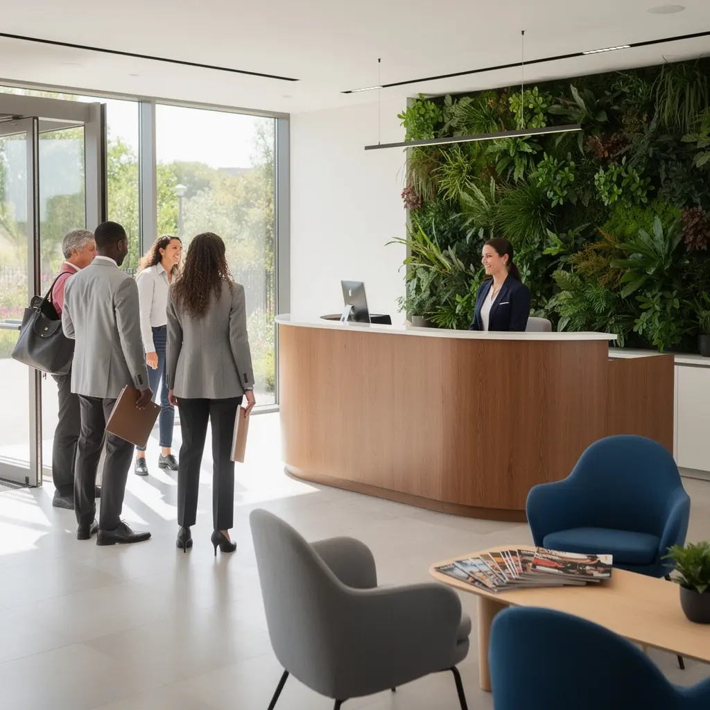 Przejrzysty układ biura z wyraźnymi ścieżkami komunikacyjnymi, ułatwiający poruszanie się po przestrzeni.